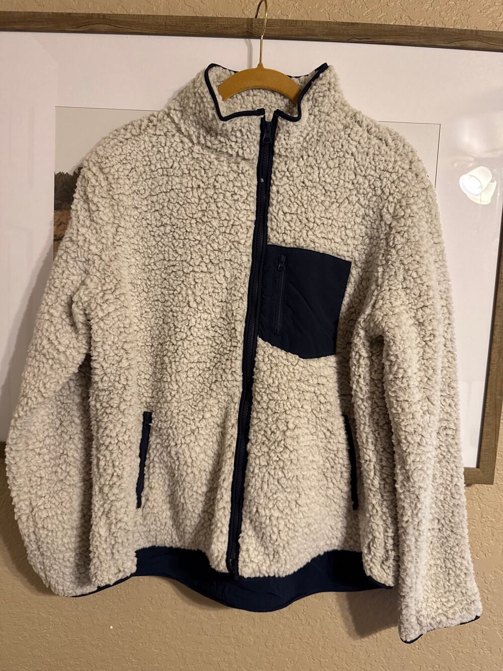 Thread & Supply Women's Large Ivory Sherpa Fleece Full Zip Jacket Navy Contrast